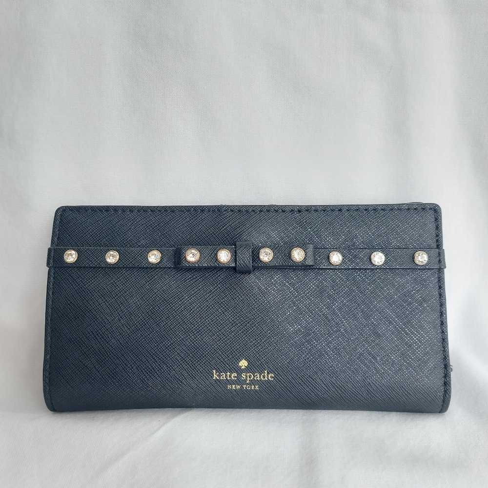 Kate Spade Bifold Rhinestone Bow Black Leather Wallet Snap Button Zip